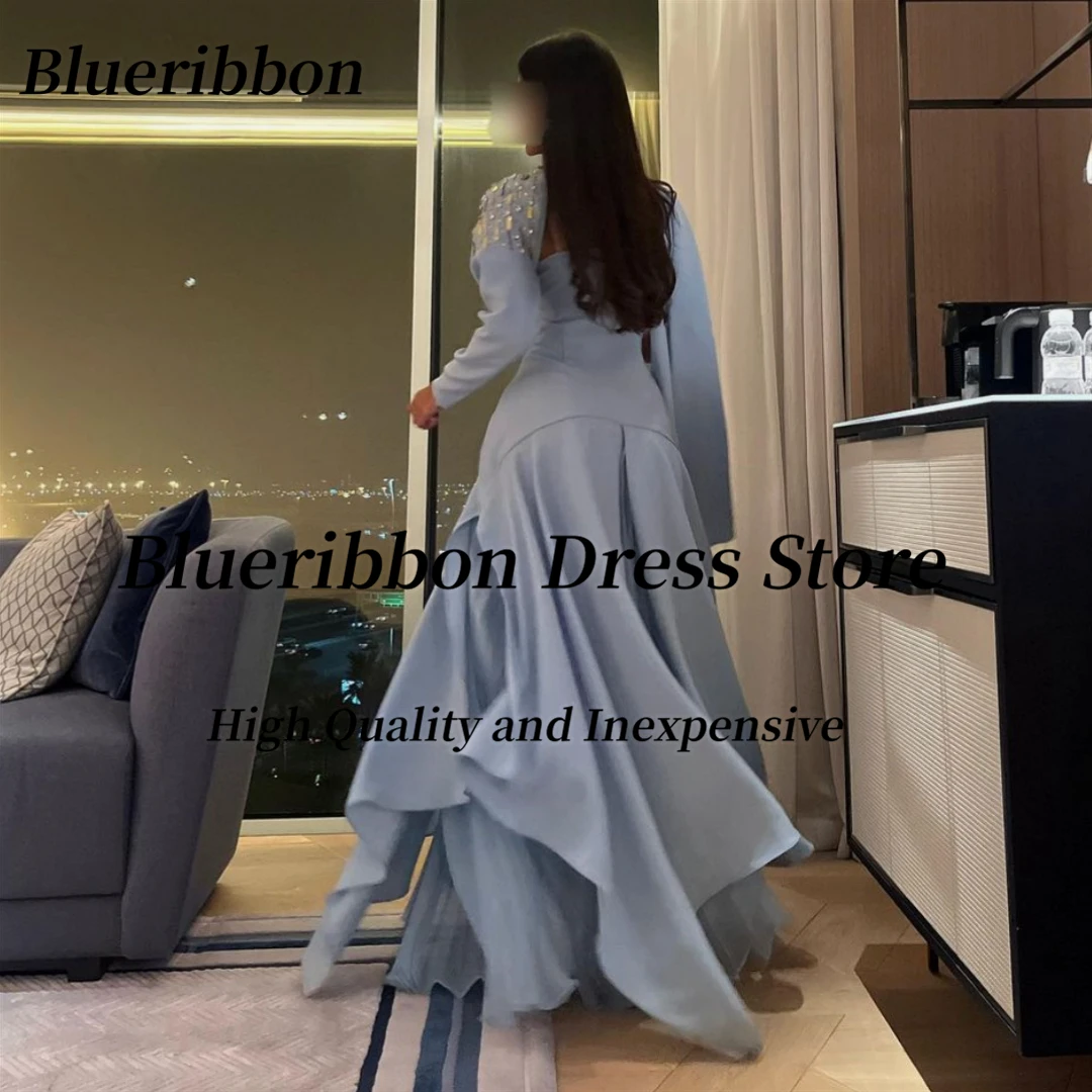 Blueribbon Elegant Women Wear Evening Dresses Beaded Long Sleeve Wraps Vestidos De Noche Pleats Special Party Prom Bride Gowns