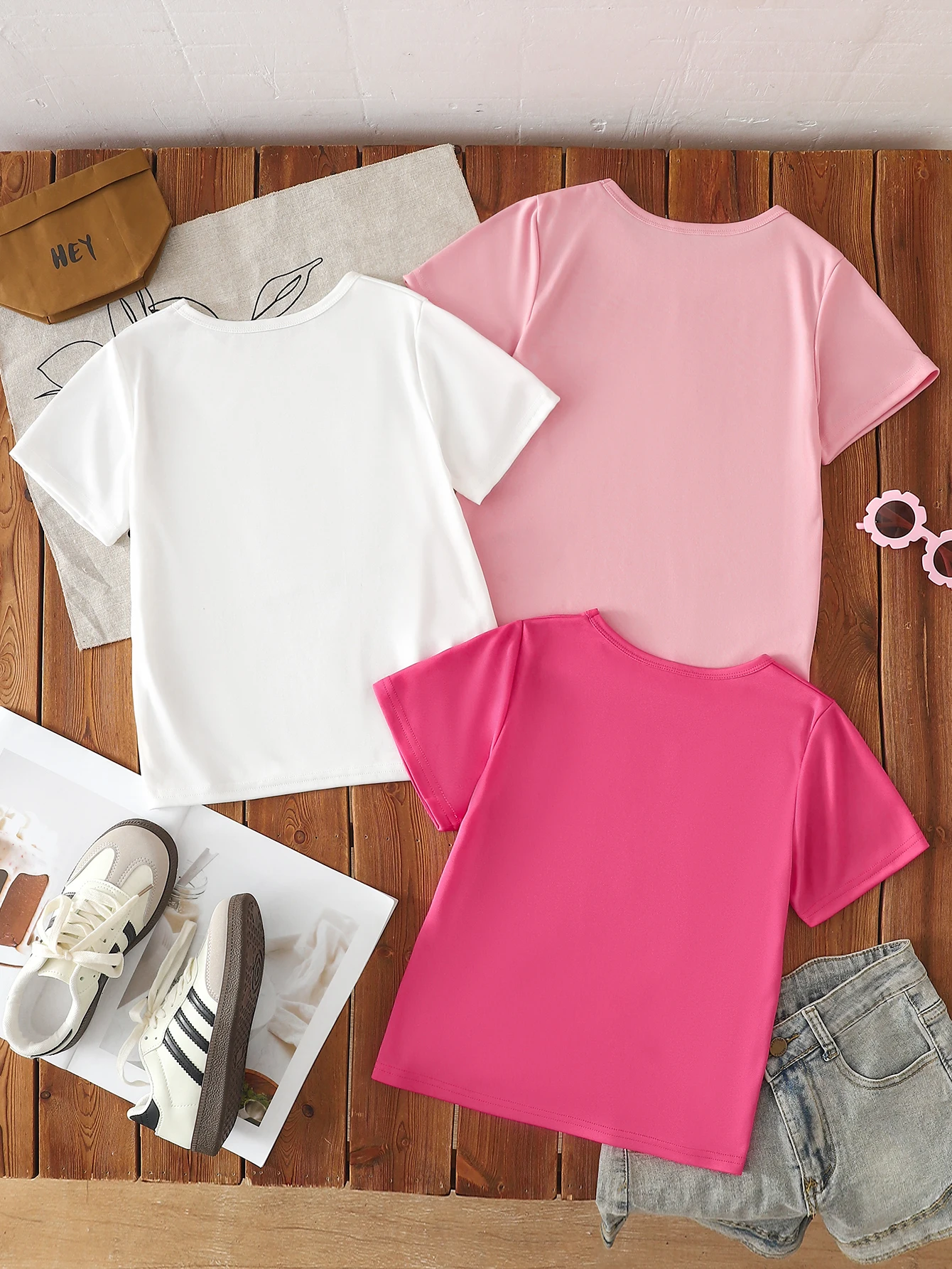 3-Pack Kids Girls Solid Color Short Sleeve Crew Neck T-Shirts Casual Basic Summer Tops