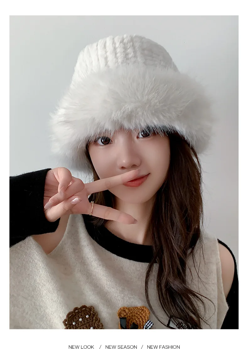 Imitation Fox Fur Plush Hat, Winter Face-Showing Small Thickeneded Warm Fisherman Hat, Large Head Circumference Cold-Proof Hat