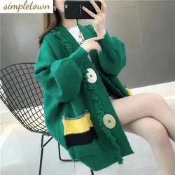 Spring and Autumn New 2023 Korean Fashion Cardigan Sweater Women's Loose Mid Length Slouchy Style Knitwear Coat