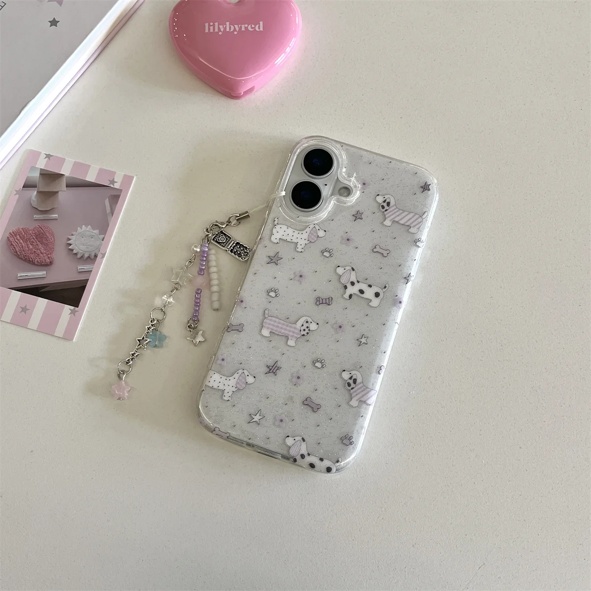 

Ins Cute cartoon dachshund Phone Case For Iphone 15ProMax 13 16 15 14 Pro Max 16Pro 13ProMax purple star Stand chain Glitter pow