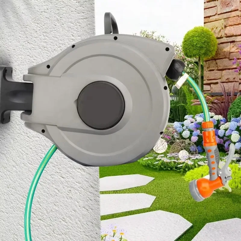 Retractable Water Hose Reel 5/8 100 ft Wall-Mounted High Pressure PVC Garden Lock 180 Swivel Bracket 9 Functions CNS Standard