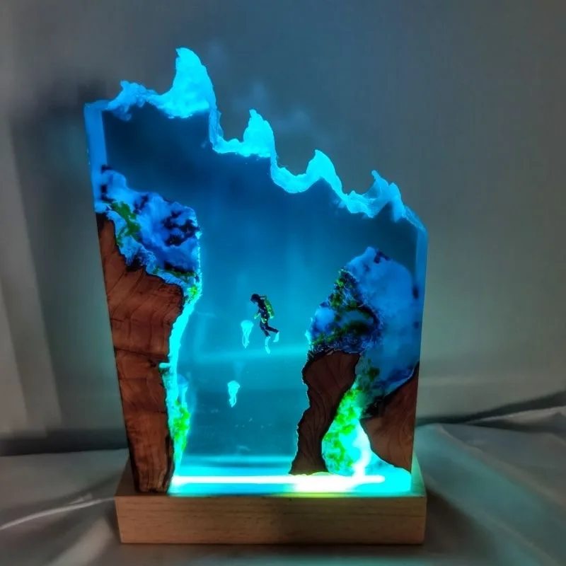 Luz de mesa de resina para exploración de cuevas, lámpara de decoración artística creactiva para buceo, ballena, Medusa, luz nocturna con tema, carga USB