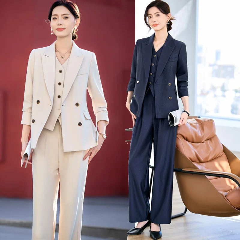 Elegant women's suit set for spring and autumn, plus-size professional workwear, goddess-style blazer, vest, three-piece set