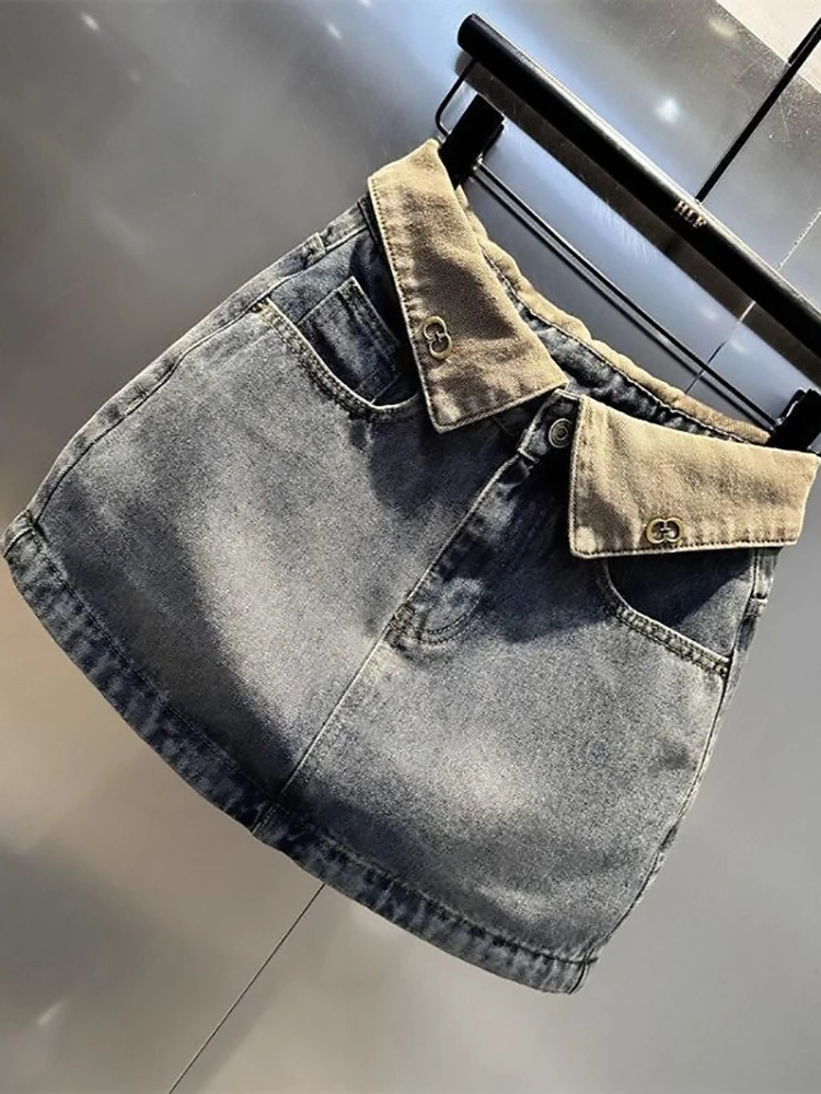 Color Blocking Denim Skirt for Women Retro High Waisted Blue Hip Hugging Short Skirt 2026 New Summer Anti Glare Half Dress