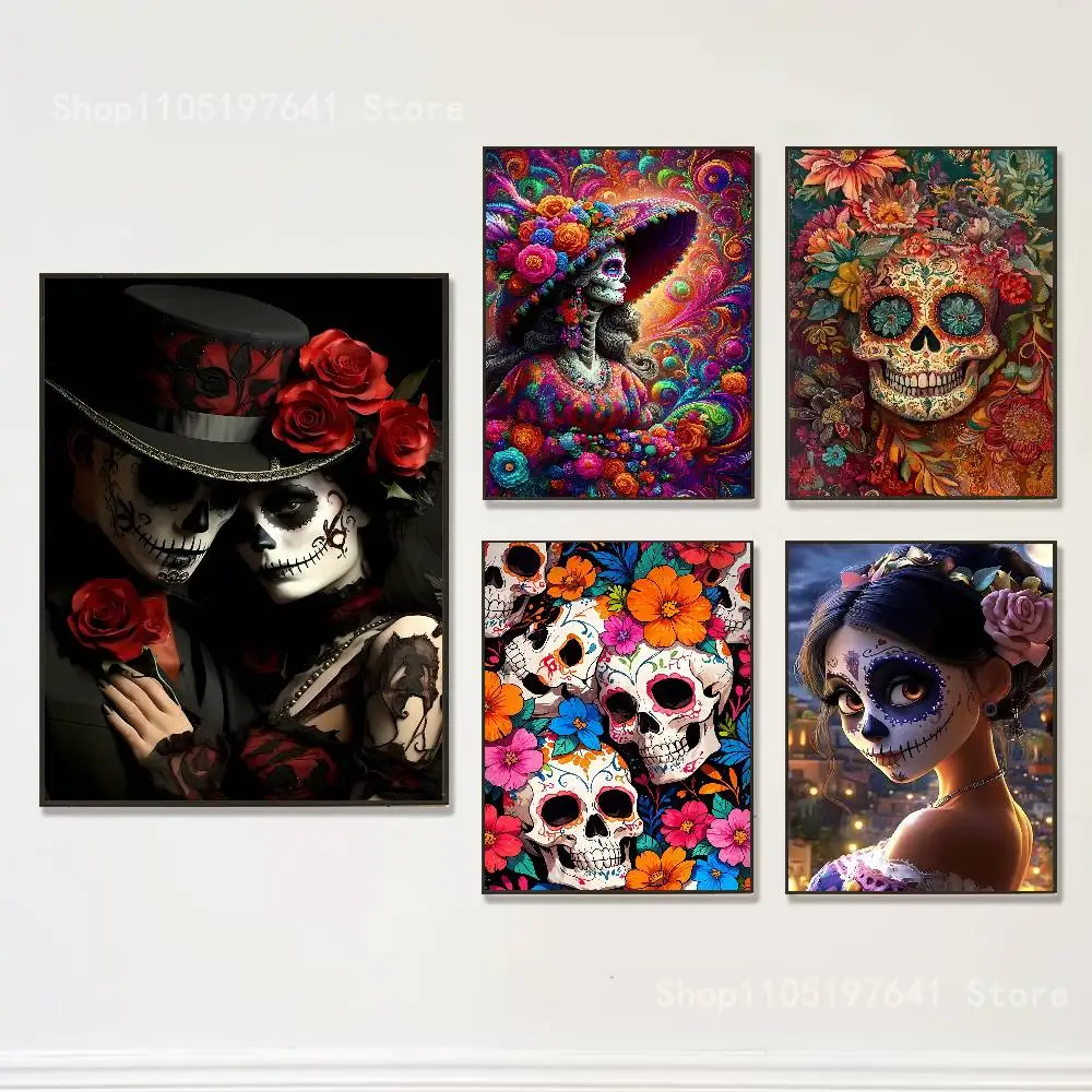 

Mexican Catrina Skull Day of the Dead Club Bar Paper Vintage Poster Wall Art Painting Bedroom Study Stickers