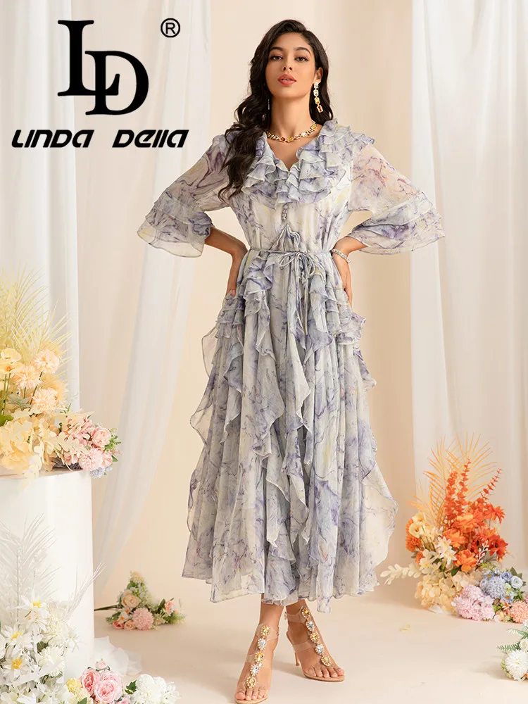 

LD LINDA DELLA High Quality Spring And Summer New Fairy Flowing Lotus Edge Waist Slimming Printed Grey Flower Long Dress