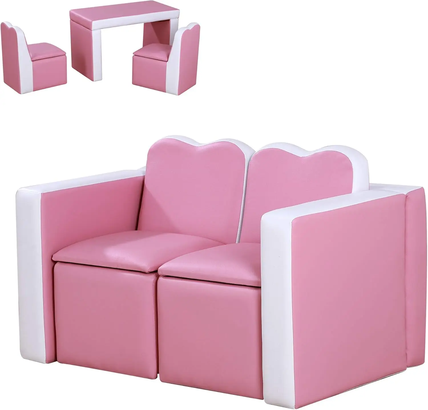 Kids Sofa Set 2-in-1 Multi-Functional Toddler Table Chair Set 2 Seat Couch Storage Box Soft Sturdy Pink