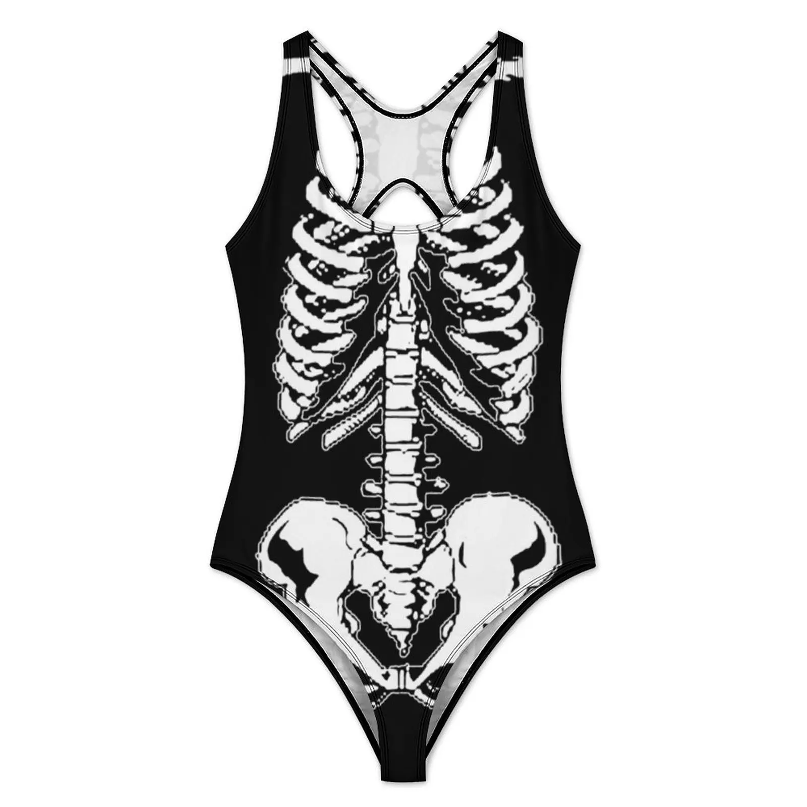 Halloween Skeleton Swimsuit Sexy Rib Cage and Pelvis Spooky One Piece Swimwear Push Up Swimsuits Simple Holiday Surf Monokini