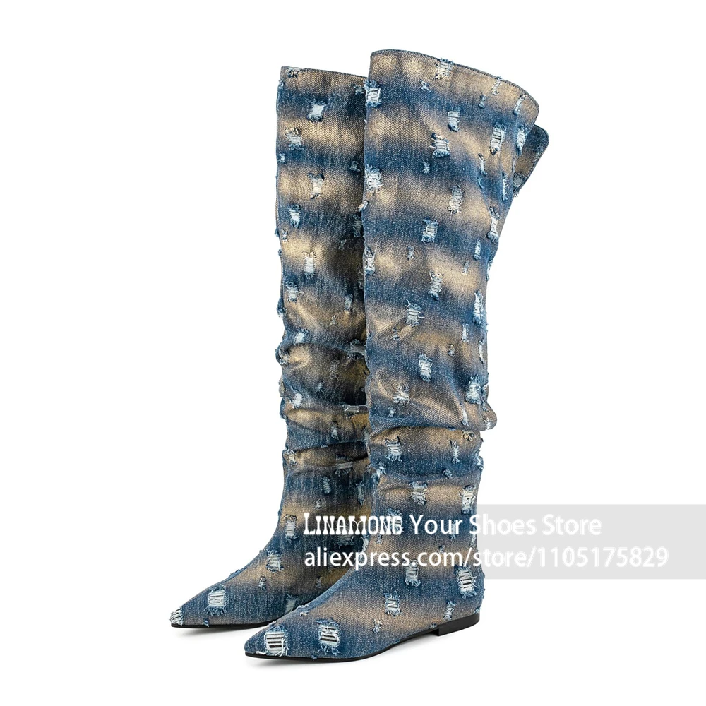 Distressed Denim Ripped Slouchy Over The Knee Flat Boots Vintage Washed Gradient Denim Pointed Toe Ruched Thigh High Women Boots