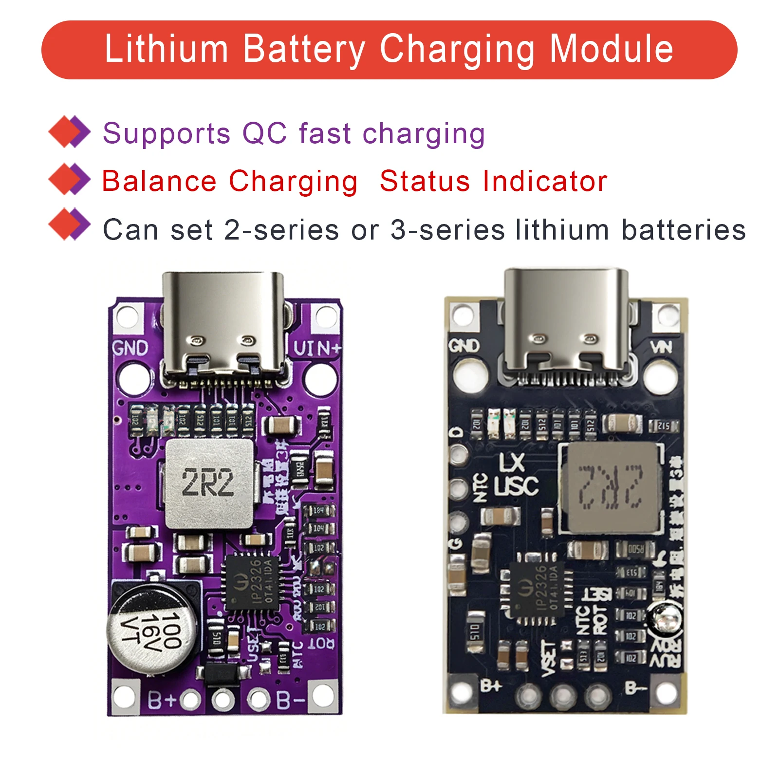 Módulo de Carregamento BMS USB Tipo-C 2S 3S 15W 8.4V 12.6V com Placa de Aumento de Tensão para Bateria de Lítio e Carregamento Rápido Balanceado QC para PCB de Carregador DIY