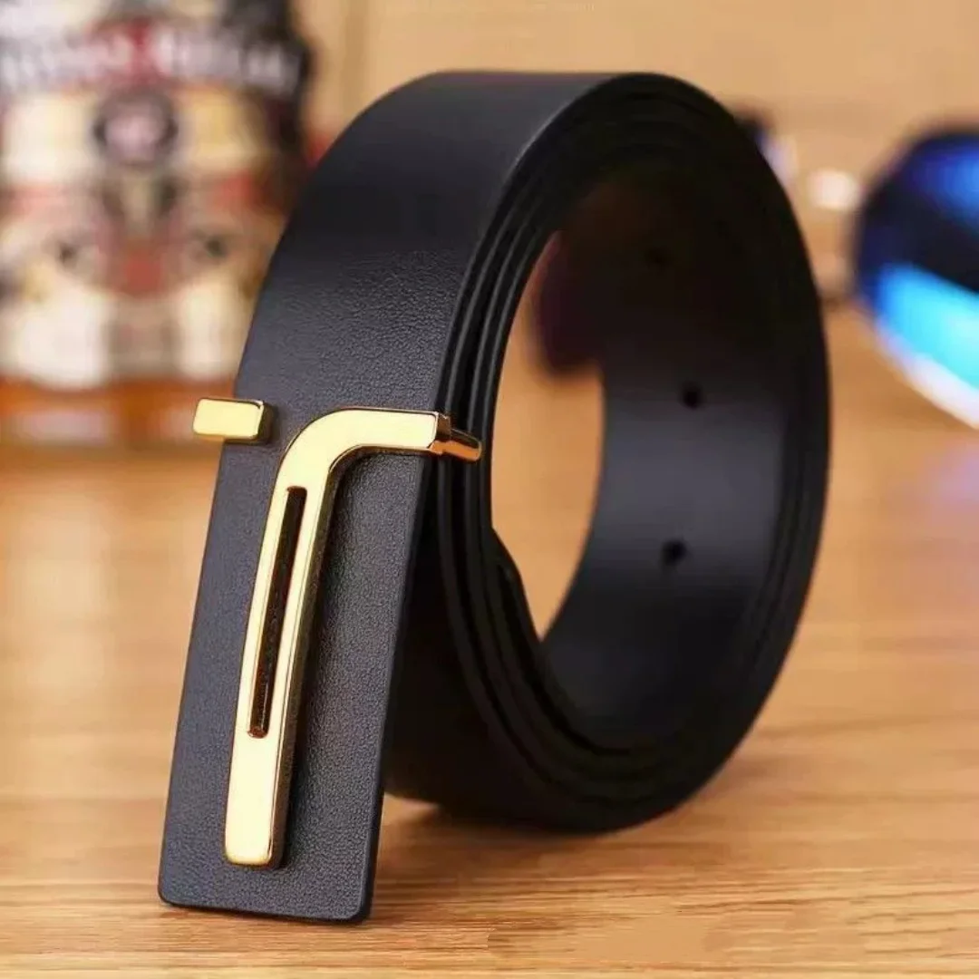 2Pcs Men PU Leather Belt Set, Silver & Gold T‑Shape Slide Buckle, Black Brown Business Casual Waist Belt
