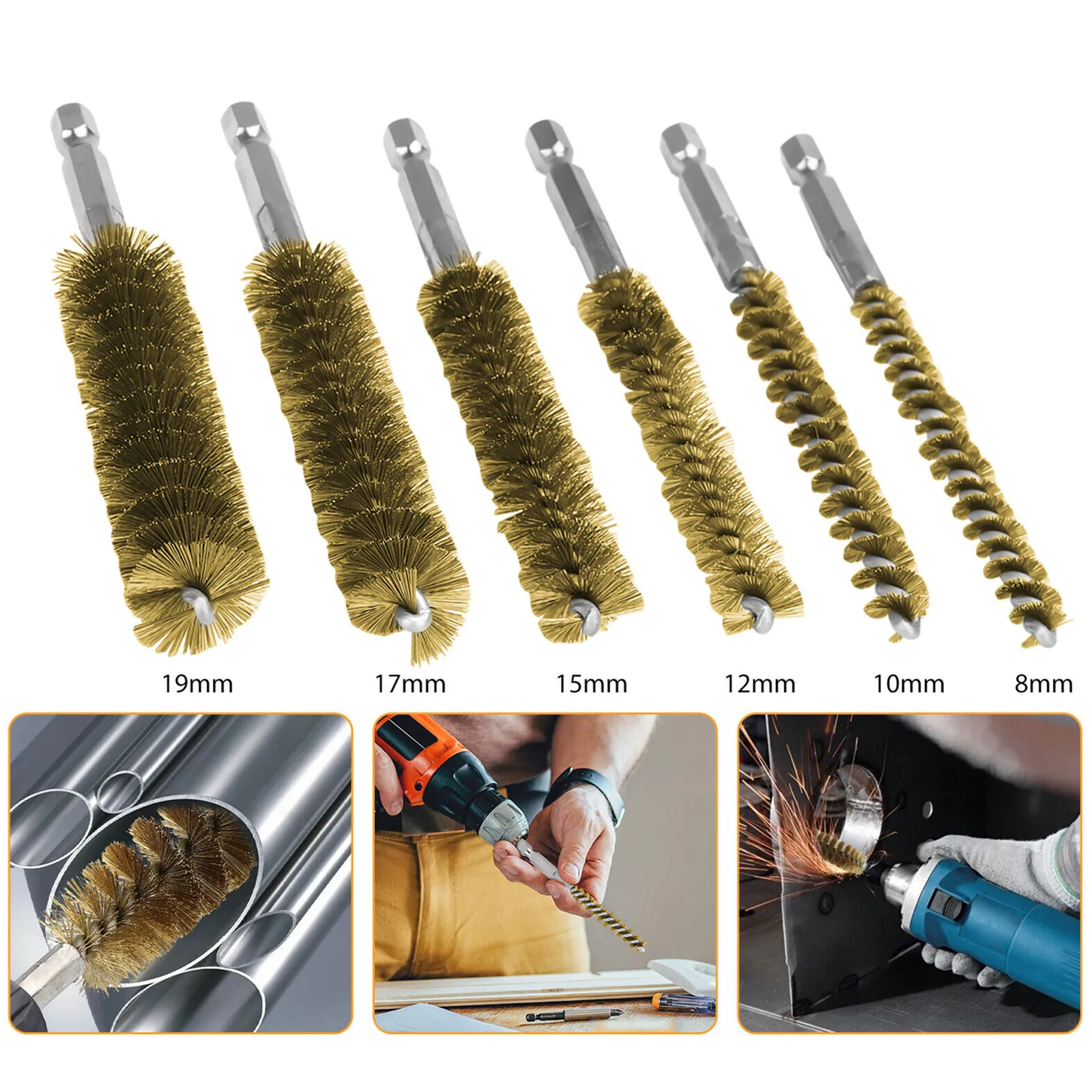 

6Pc Bore Wire Brush Twisted 1/4 inch Hex Shank Brass Bore Cleaning Wire Brushes 8-19mm For Power Drill Impact Driver Accessories