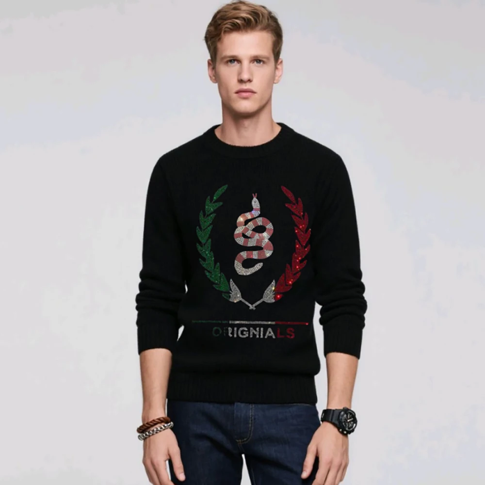 

Men's Skull Print Sweater New Arrival Rhinestone Crew Neck Pullover Stylish Comfortable Knitwear Casual Male Upper Garment