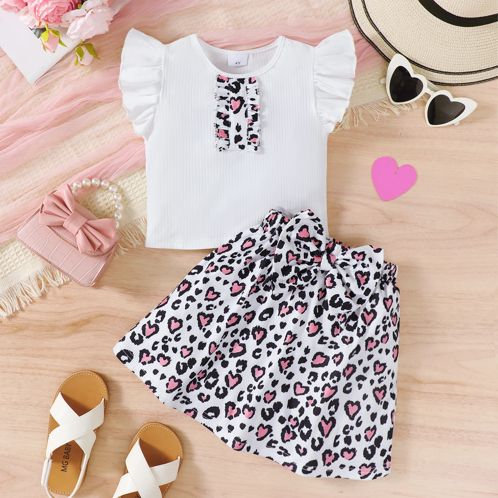 

Fashion Kids Girls Ruffle Sleeveless Top Heart Leopard Print Skirt 2PCS Outfit For 4-7Y Summer Casual Children's Costume Wear
