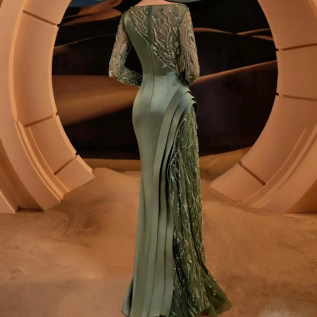 

Green Beaded Diamonds Mermaid Women Evening Dress Long Sleeve Beading Evening Dresses With Train Customized 2025
