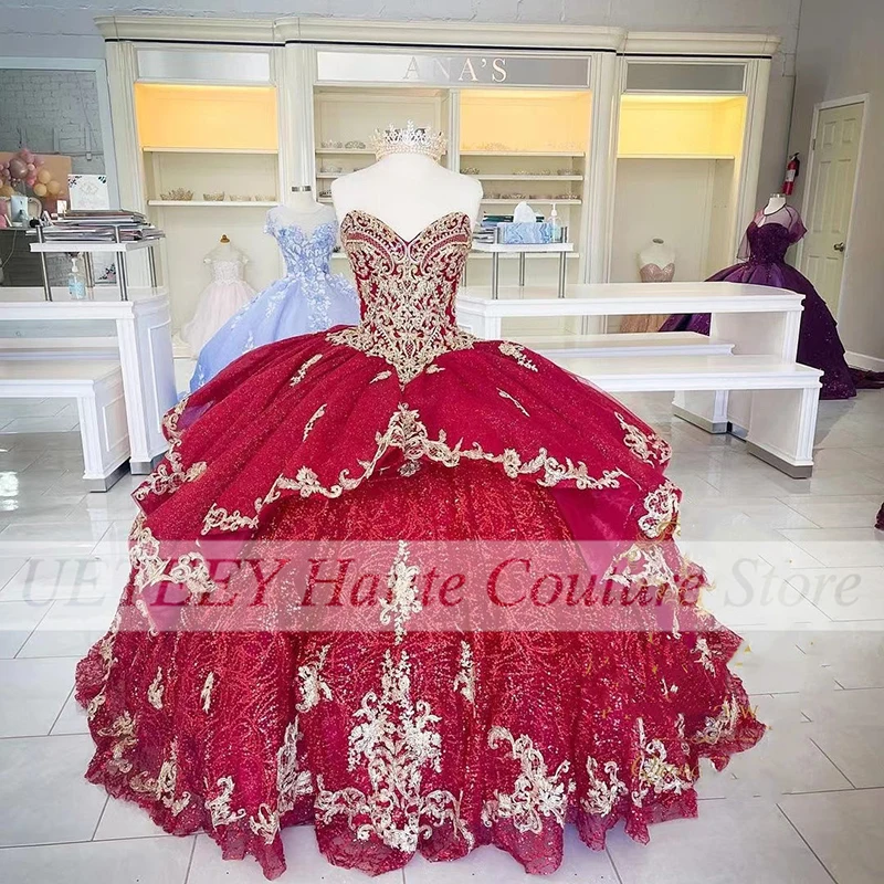 Luxe Quinceanera Robe Hors Épaule Perles Paillettes Chérie Sans Manches Robe De 15 Anos