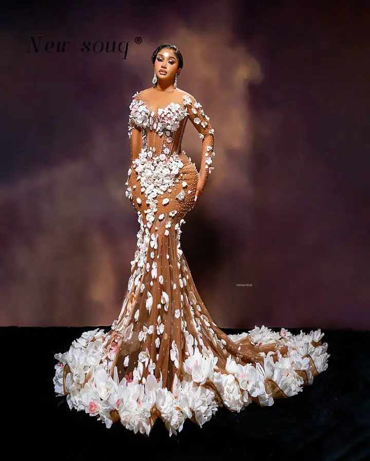 Stunning African Brown Long Sleeves Mermaid Evening Dresses with 3D Floral Flowers Crystals Sexy Illusion Pageant Events Gowns