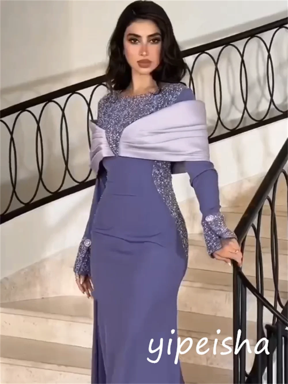 Customized Modern Style Jersey Sequined A-line Scoop Neck Long Dresses Bespoke Occasion Sizes Available