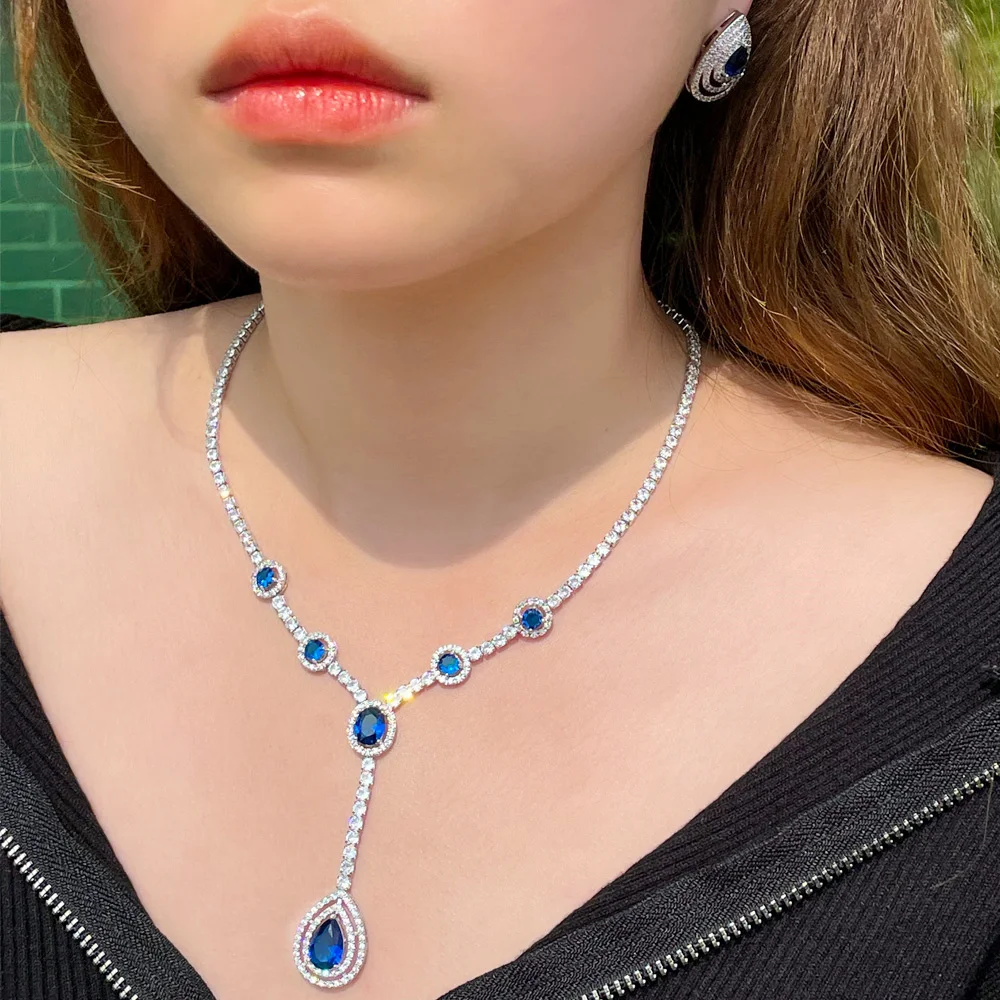 CWWZircons Dangle Water Drop Royal Blue African Cubic Zirconia Bride Jewelry Sets for Women Wedding Necklace and Earrings T623