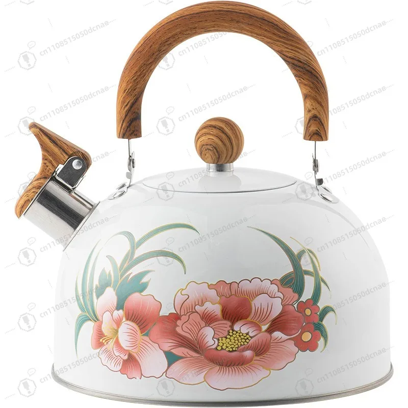 3L White Flower Pattern Whistling Water Kettle Creative Large‑Capacity Pot For Household Kitchen Tea‑Brewing Cooking Utensil