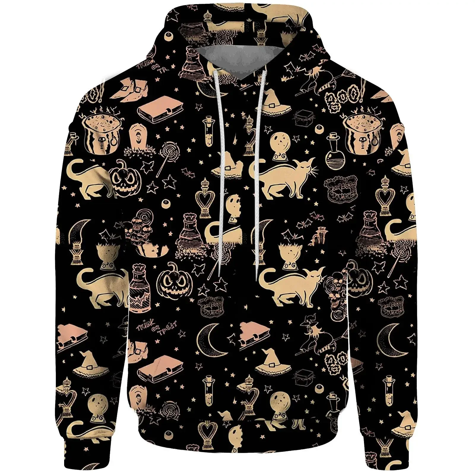 Men Halloween All Over Print Hoodie Ghost Bat Pumpkin Skull Cat Pattern Long Sleeve Casual Party Sweatshirt