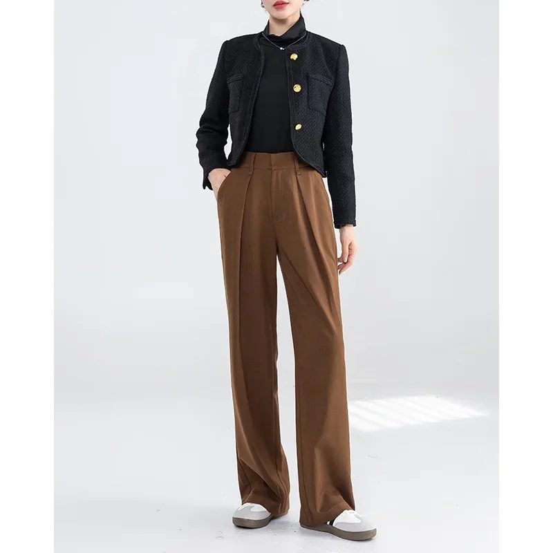 

Fashion Simple Maillard Brown Straight Leg Pants, Women's Spring and Autumn New Tencel Wool High-waisted Casual Suit Pants Women