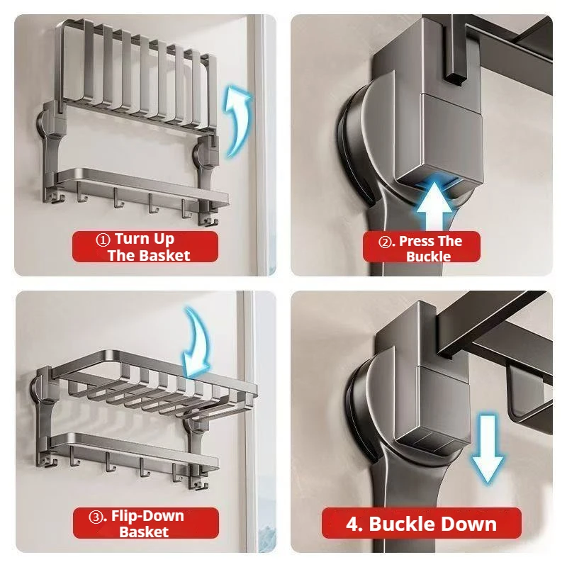 Suction Cup Towel Rack with Coat Hook Foldable Towel Storage Rack with Hook Wall Mounted Shelf Bathroom Shelf  40/50cm