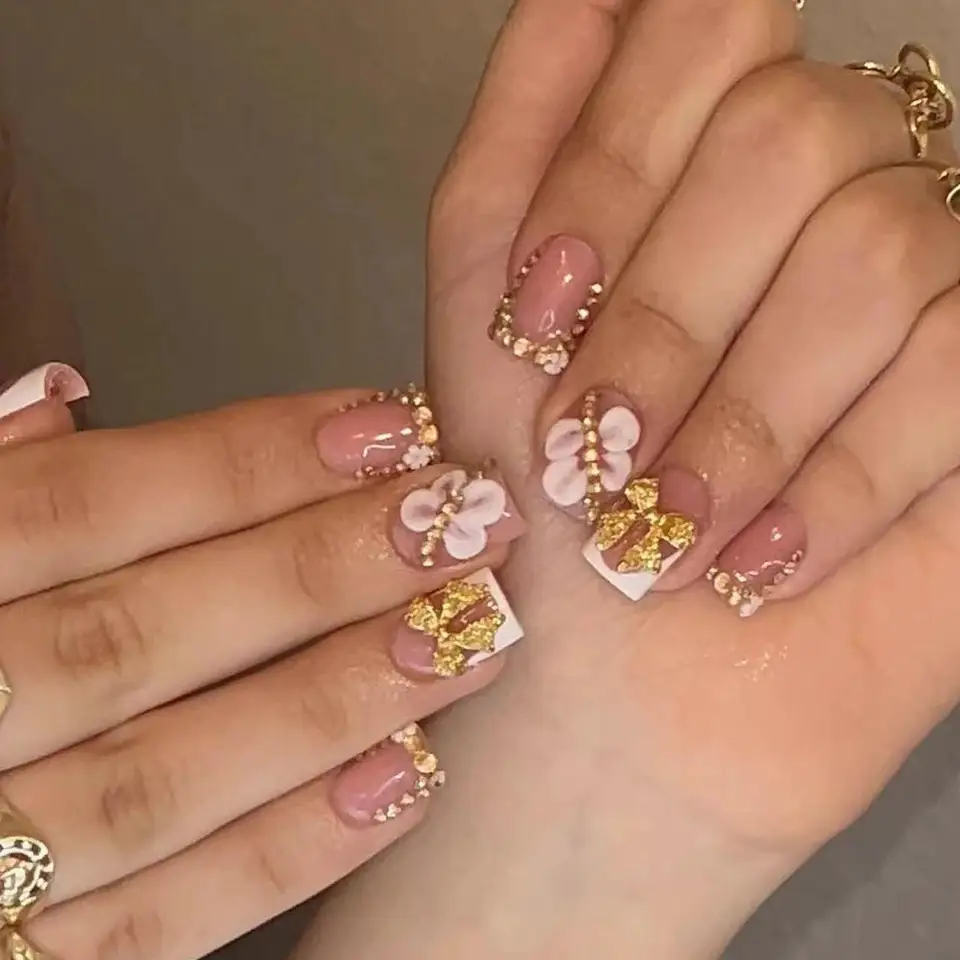 24 piezas uñas postizas francesas con estampado de leopardo, para chicas atrevidas, set de uñas de presión, marrones cortas cuadradas con diamantes 3