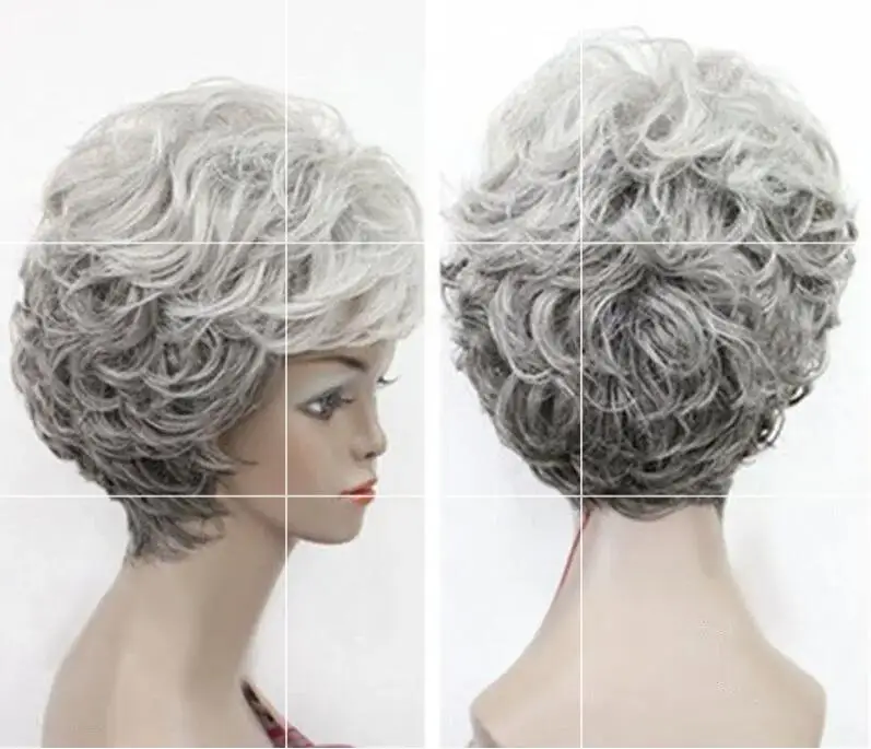 Mixed Grey Curly Grandma Hairpieces para Mulheres, Charm Lady Wigs, Novo, Frete Grátis