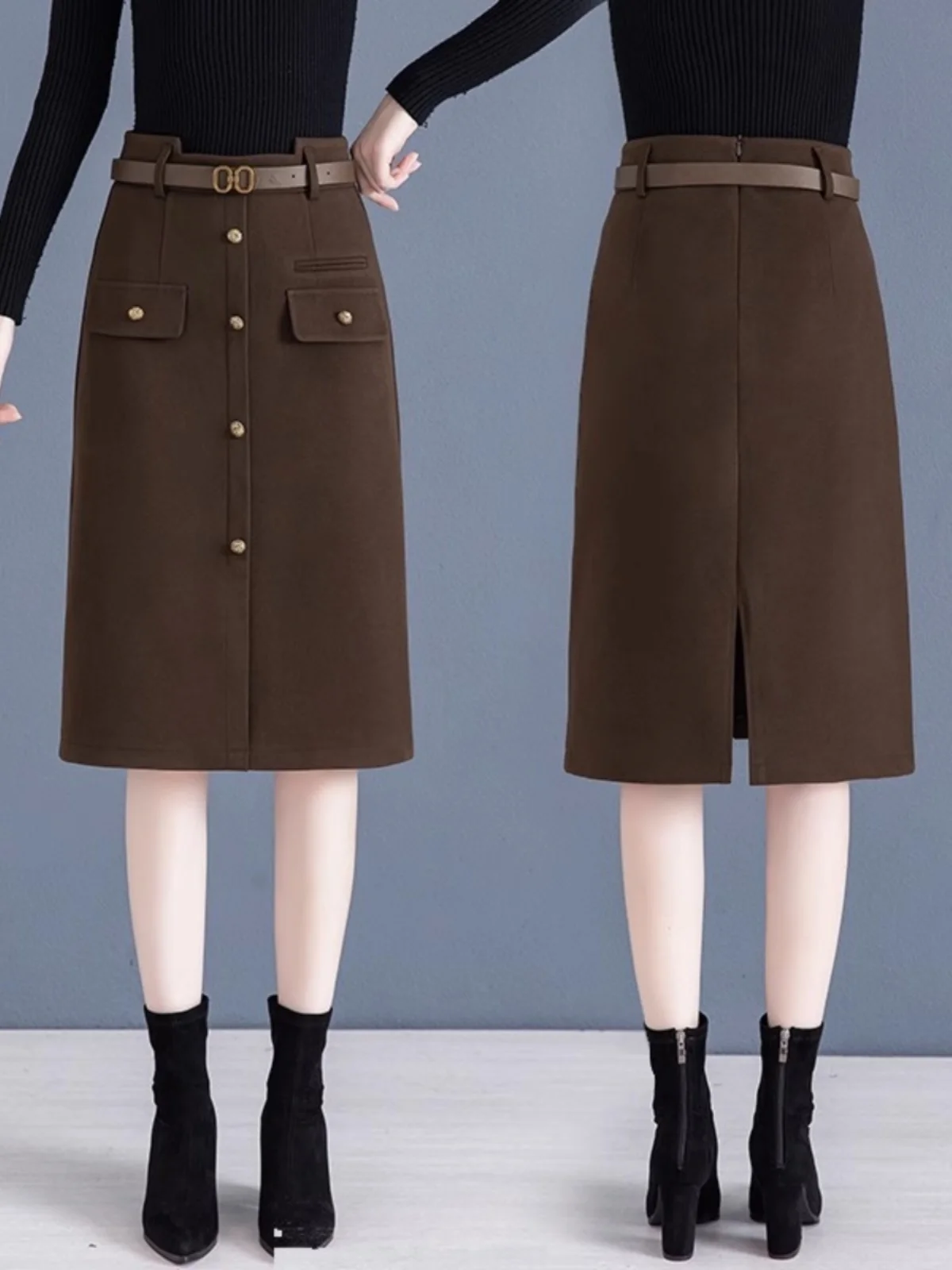 

High Waist A-Line Skirt for Women in Brown Woolen Material Slimming One Step Skirt Commute Sle Pure Color mid Length