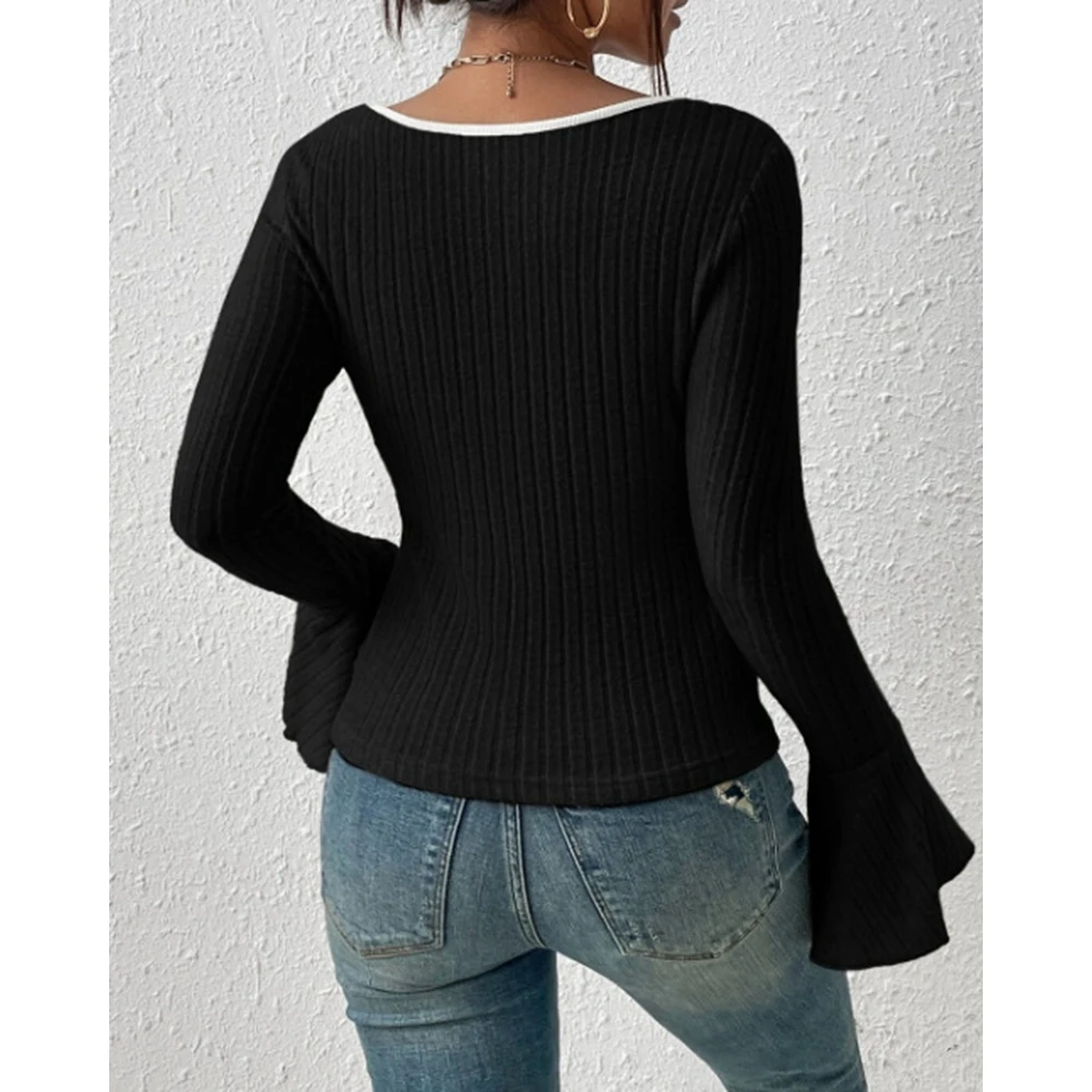 Autumn Fashion Women Colorblock Ribbed U Neck Flare Long Sleeve T Shirts Elegant Femme Skinny Top Fall Clothes 2024 Women