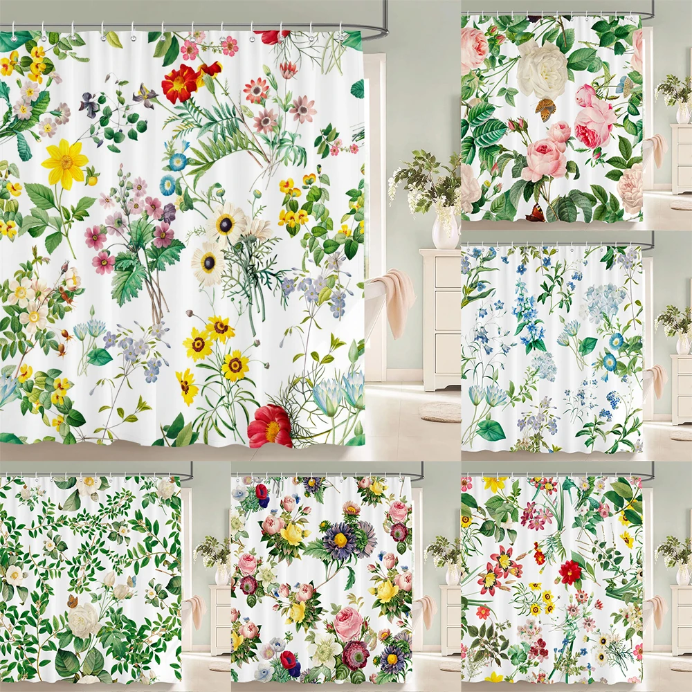 

3D Flower and Leaf Printed Nordic Style Shower Curtain With Hooks Waterproof Fabric Home Decoration Bathroom Curtains