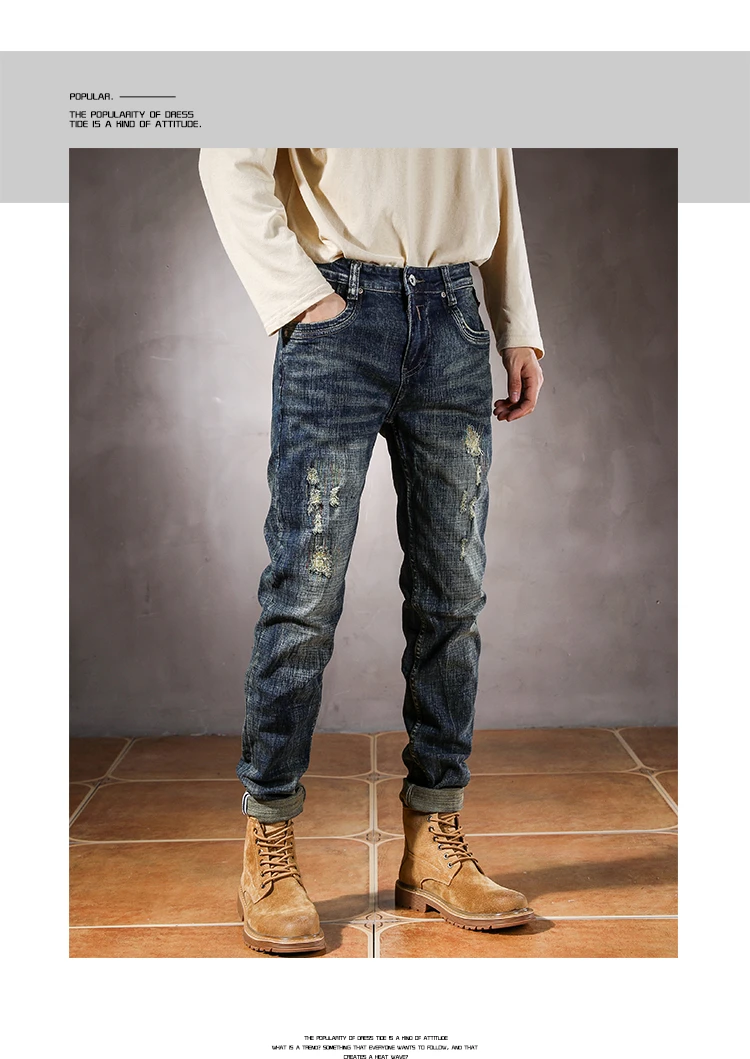 2025 Spring Autumn Trendy Ripped Hole Distressed Washed Denim Jeans for Men American Vintage Casual Slim Fit Stretch Pants