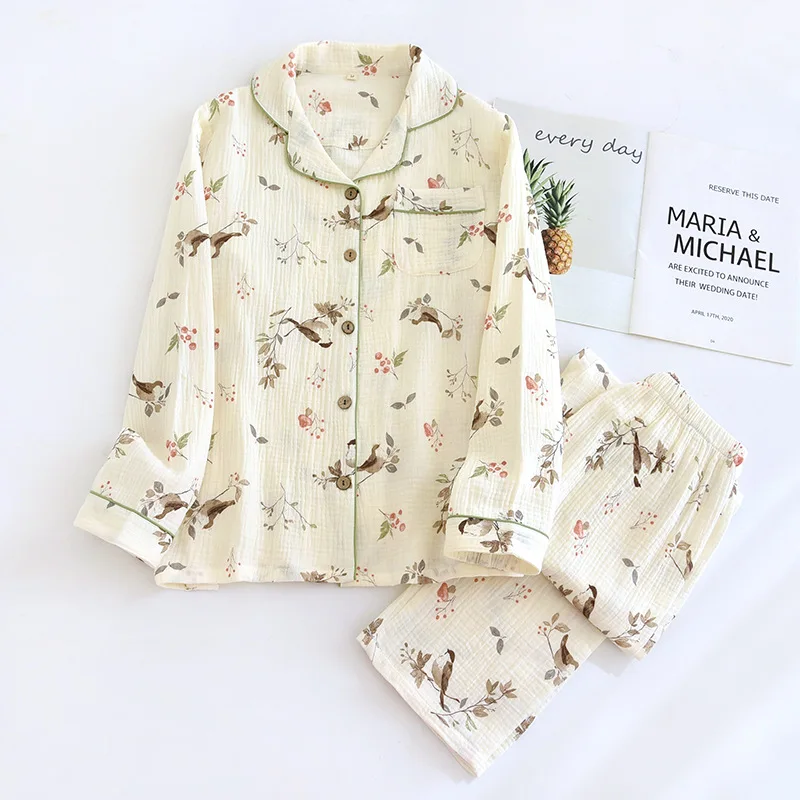 2026 New Spring and Autumn Women\'s Pajama Set 100% Cotton Crepe Long Sleeve Long Pants Two Piece Set Loose Enlarged Home Clothes