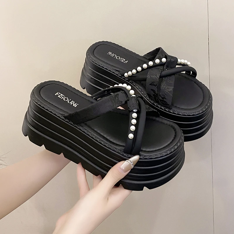 

8CM High Platform Slippers Women 2025 Summer New Thick-soled Ladies High Heels Beach Sandals Pearl Silk Ethnic style Flip Flops