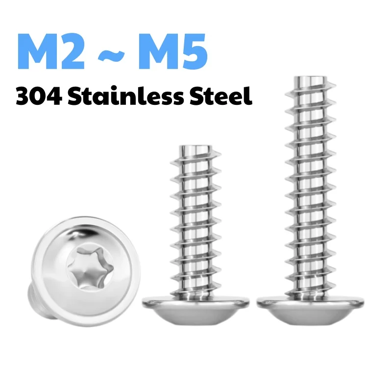 304 Stainless Steel M2 M2.6 M3 M4 M5 Torx Round Head with Washer Tapping Screw Flat Tail Screws Length 4~30 mm