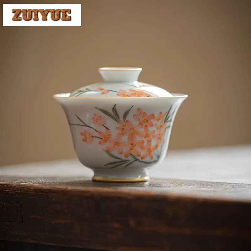 

110ml Jade Mud Handmade Cover Bowl Handpainted Peach Blossom Gaiwan Retro Outline in Gold Tea Tureen Tea Brewing Tea Craft Gifts