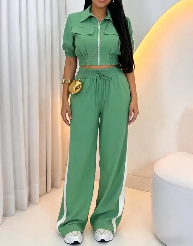 

Summer Fashion and Leisure 2-Piece Set with Collar, Zipper Front, Exposed Umbilical Short Top and High Waist Wide Leg Pants Set