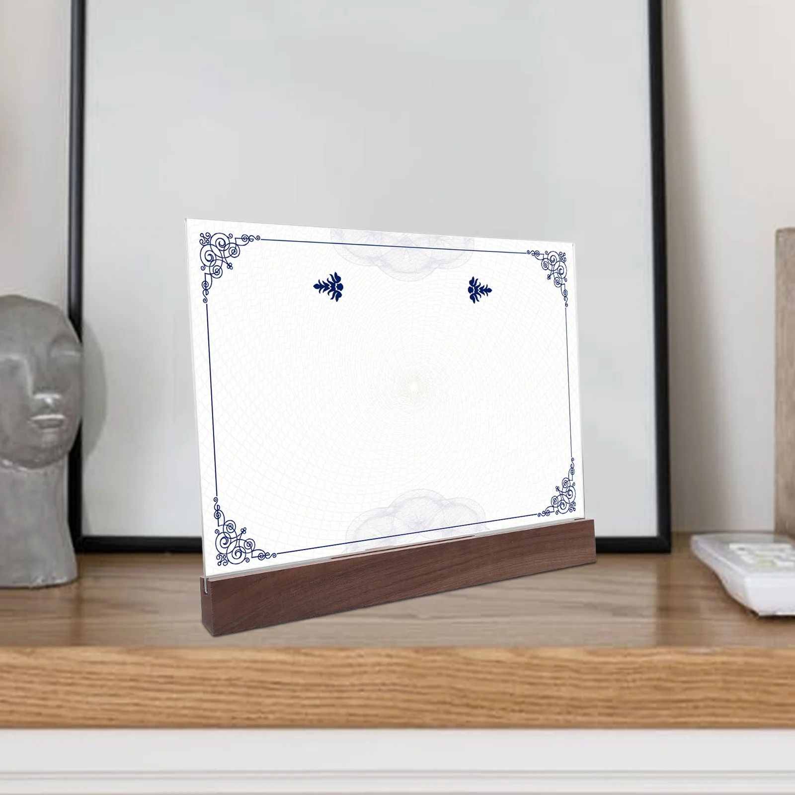 حامل علامة أكريليك، إطارات شفافة مزدوجة الجوانب، قاعدة من خشب الجوز، قائمة عرض، حامل شهادة الطيارة #1