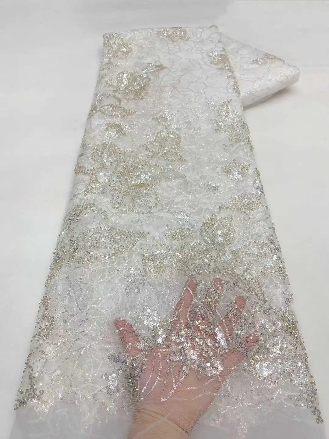 

2025 African French Nigerian High End Tulle Lace Fabric With Beads Sequins Mesh for Embroiderg Wedding Party Bride Sewing Dress