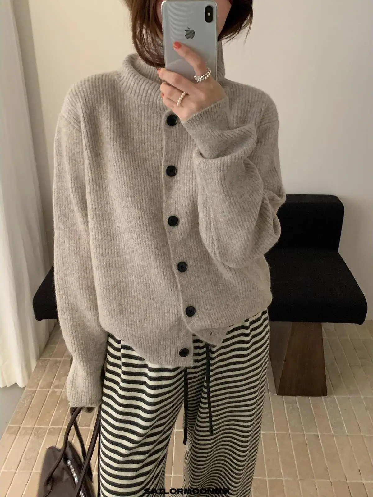 

Свободный женский кардиган с высоким воротником, повседневный вязаный свитер в стиле оверсайз, осенне-зимняя новинка Dongda Gate