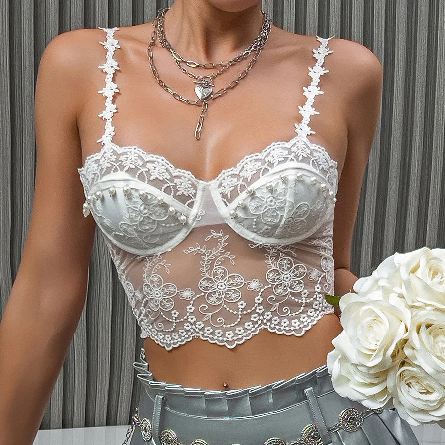 Women Lace Pearl Chic Floral Embroidered Corset Top Spaghetti Strap Sheer Mesh Push Up Bustier Bralette Female Underwear