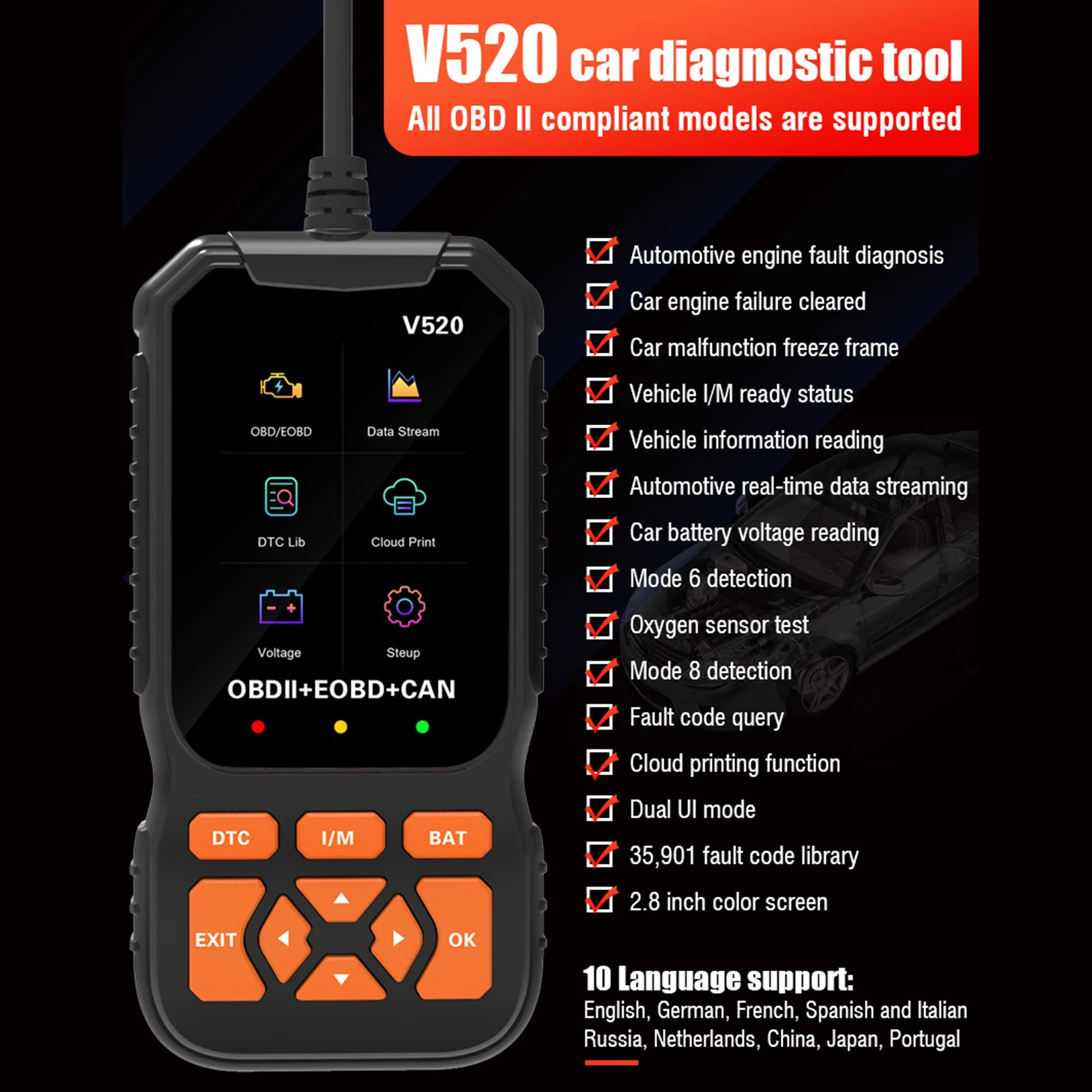 

V520 Scanner Car Diagnostic Tester 2.8"Color Screen OBD Diagnostic Tool Engine Fault Automotive Code Reader Diagnostic Scan Tool