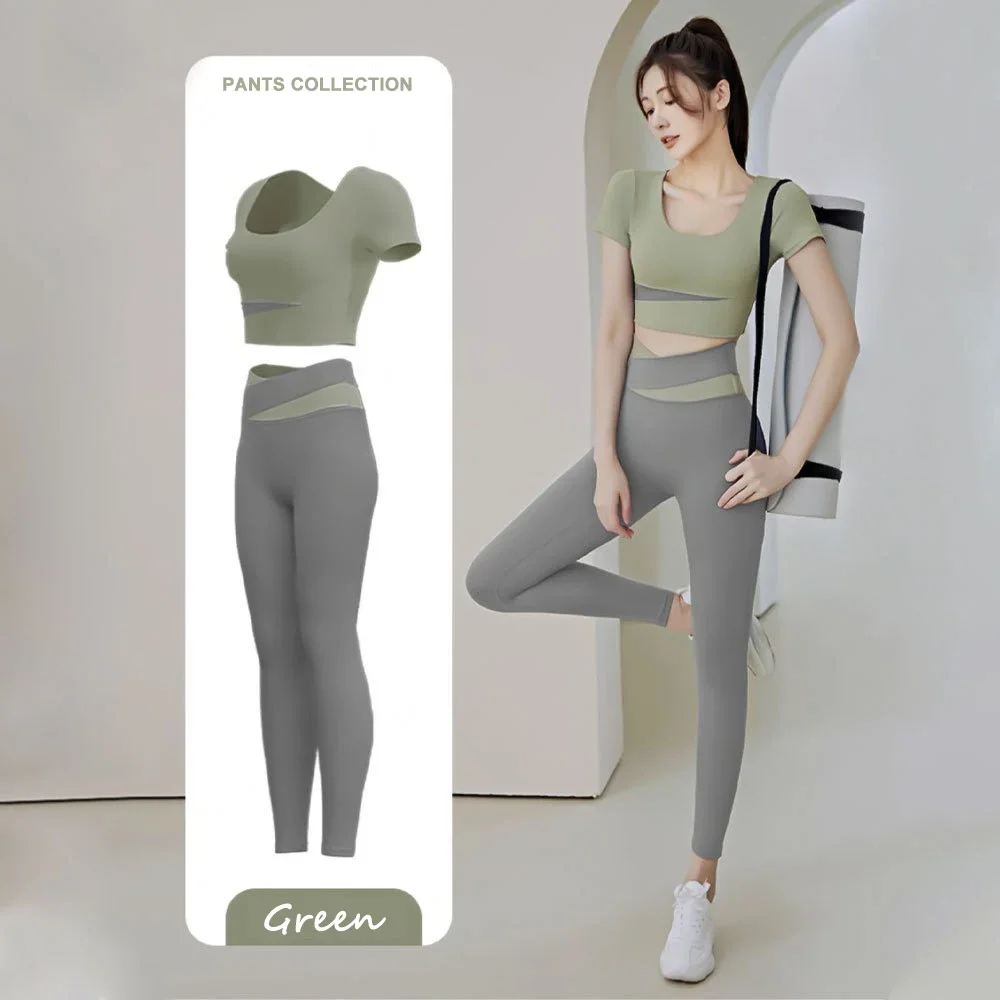 Ensemble de yoga deux pièces sans couture pour femme, tenue trempée de sport, leggings de gym à manches courtes, pantalon de sport, nouveau, 2024