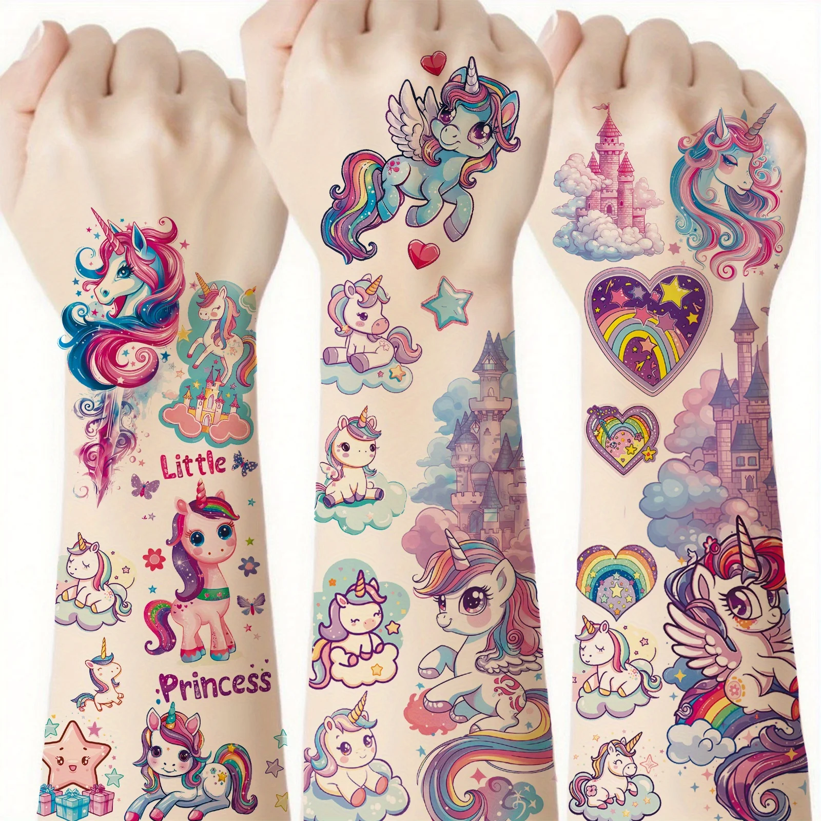 12pcs Sparkling Unicorn Temporary Tattoo Stickers, Cute Design Waterproof Unicorn Planet Fake Tattoo Stickers