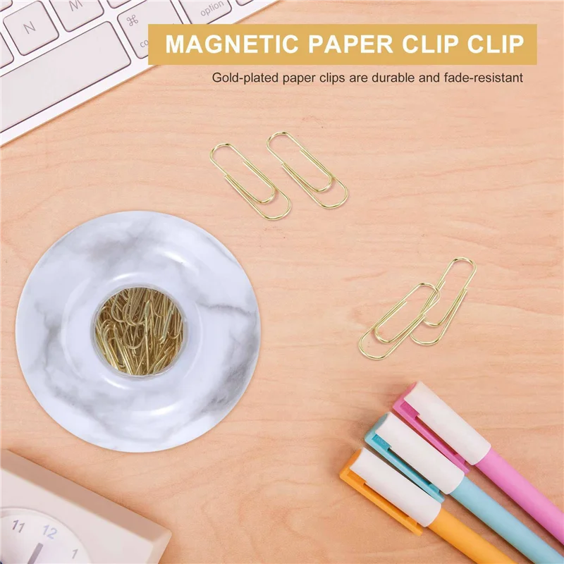 EDT-золотые скрепки для бумаг в элегантном магнитном мраморном белом держателе скрепок, 28 мм, 300 скрепок в коробке