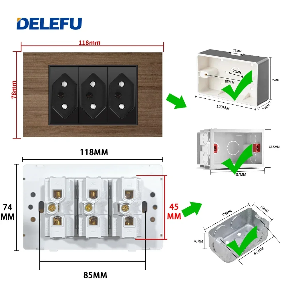 DELEFU 4*2 Aluminum imitation wood Brazil Standard socket Double Usb Type C wall socket Light switch Switzerland 10A 20A images - 6