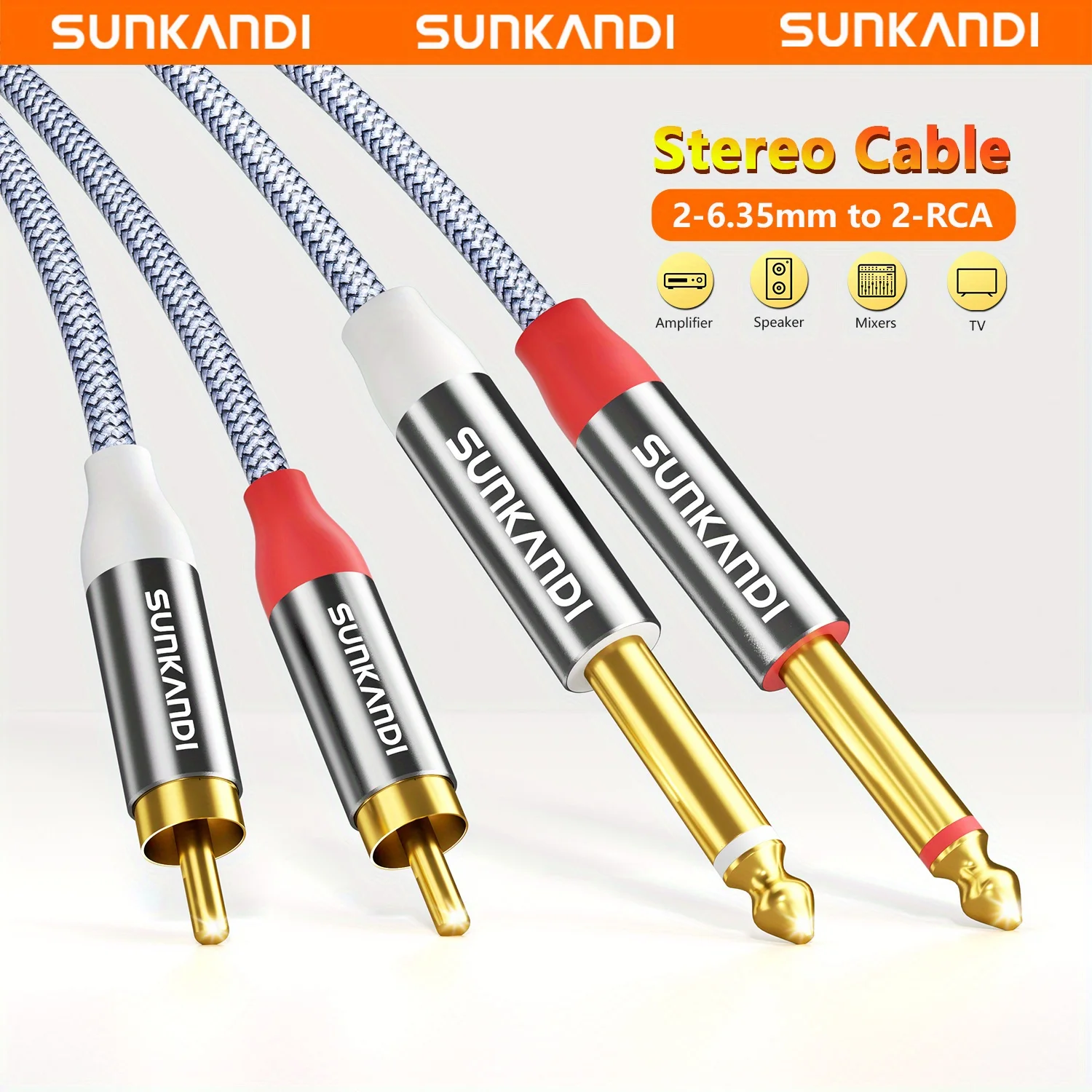 SUNKANDI RCA to 1/4 Cable, Dual 1/4 Inch TS to Dual RCA Interconnect Cord for AV Receivers, Speakers, and RCA-Enabled Devices