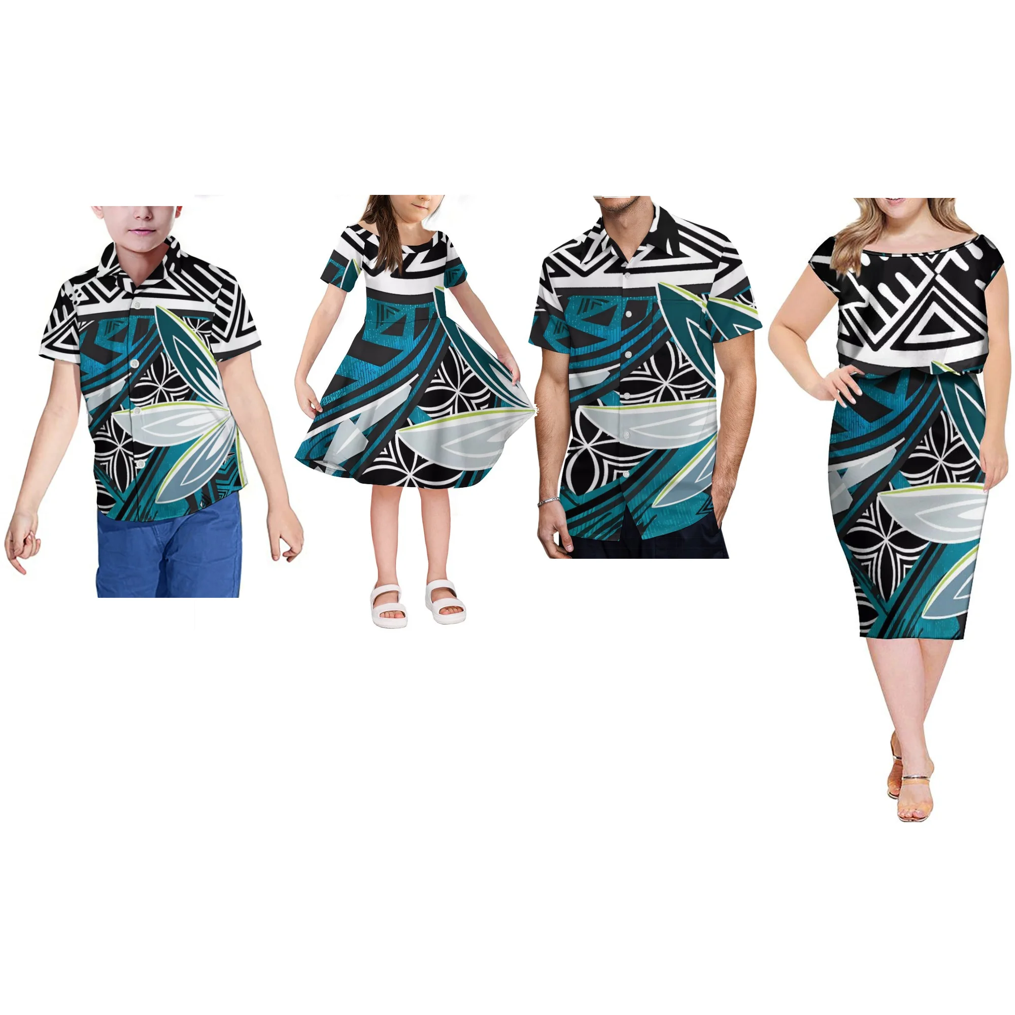 

Island Style Green Polynesian Tribal Print Dress Large Size Short Sleeve Round Neck Casual Dress